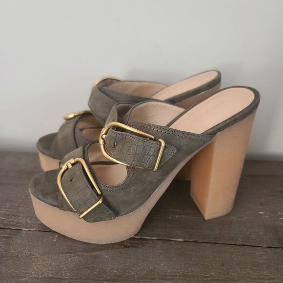 VERONICA BEARD GARRICK DUAL BUCKLE PLATFORM SANDALS Olive Green Size 8.5 New - Picture 1 of 10